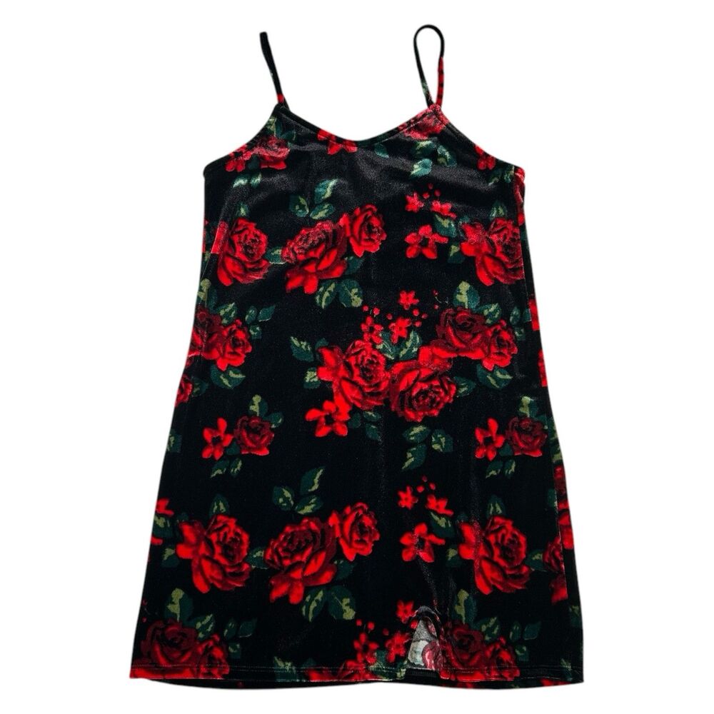 Art Class Velvet Black Spaghetti Tank Dress Red Roses Medium Girl's Youth Size 8